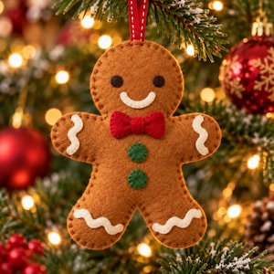 May include: A brown felt gingerbread man ornament featuring a red bow tie, two green circular buttons, and white wavy icing details on the arms and legs. The ornament is suspended by a thin red ribbon loop for hanging on a Christmas tree.