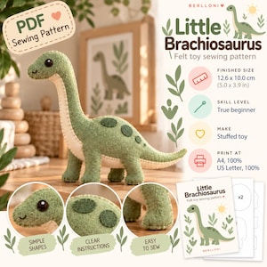 May include: A PDF sewing pattern for a felt Brachiosaurus toy. The green dinosaur has a cream-colored belly and dark green spots. The finished size is 12.6 x 10.0 cm. The document includes instructions for beginners, printing at A4 or US Letter size.