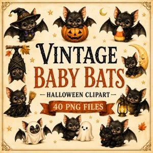 Op de afbeelding: Een verzameling digitale illustraties met zwarte babyvleermuizen in diverse Halloween-sc&egrave;nes, waaronder een vleermuis met heksenhoed, pompoen en spookkostuum. De tekst luidt VINTAGE BABY BATS HALLOWEEN CLIPART 40 PNG FILES.