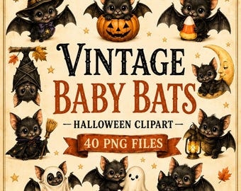 Baby Bat PNG Bundle, 40 Vintage Halloween Bat Clipart, Cute Spooky Illustrations