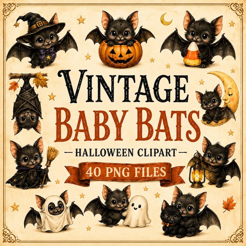 Op de afbeelding: Een verzameling digitale illustraties met zwarte babyvleermuizen in diverse Halloween-sc&egrave;nes, waaronder een vleermuis met heksenhoed, pompoen en spookkostuum. De tekst luidt VINTAGE BABY BATS HALLOWEEN CLIPART 40 PNG FILES.