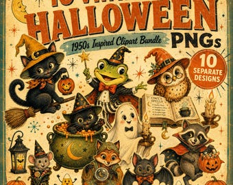 Vintage Halloween clipart bundel, retro Halloween PNG uit de jaren 50, zwarte katten, heksen en pompoenen, digitale download