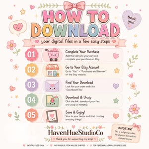 Op de afbeelding: Een instructieve afbeelding met de titel HOW TO DOWNLOAD your digital files in a few easy steps. Het bevat vijf genummerde stappen met iconen zoals een winkelwagentje, winkel, envelop, map en tablet, eindigend met het HavenHueStudioCo logo.