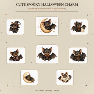 Op de afbeelding: Een verzameling van acht digitale illustraties met cartoonvleermuizen in verschillende Halloween-thema poses, waaronder vleermuizen met heksenhoeden, manen, geesten en drankjes. De tekst CUTE SPOOKY HALLOWEEN CHARM en Adorable vintage-inspired bat-clipart for seasonal creativity is zichtbaar.