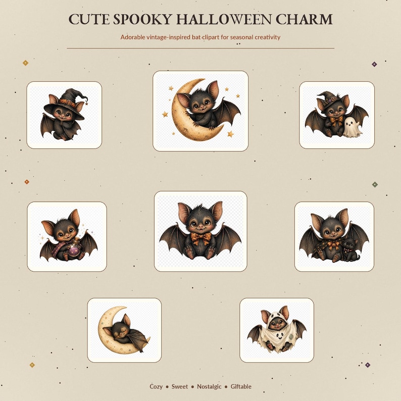 Op de afbeelding: Een verzameling van acht digitale illustraties met cartoonvleermuizen in verschillende Halloween-thema poses, waaronder vleermuizen met heksenhoeden, manen, geesten en drankjes. De tekst CUTE SPOOKY HALLOWEEN CHARM en Adorable vintage-inspired bat-clipart for seasonal creativity is zichtbaar.