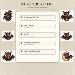 Op de afbeelding: Een digitale downloadset met zes illustraties van cartoonvleermuizen met accessoires. De tekst luidt WHAT YOU RECEIVE, 30 Individual PNG Files, 5400 x 4500 px, 300 DPI, Transparent Background en Instant Digital Download.