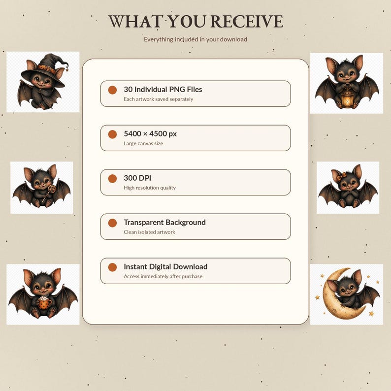 Op de afbeelding: Een digitale downloadset met zes illustraties van cartoonvleermuizen met accessoires. De tekst luidt WHAT YOU RECEIVE, 30 Individual PNG Files, 5400 x 4500 px, 300 DPI, Transparent Background en Instant Digital Download.