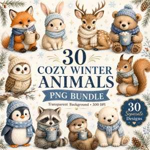 Paquete de imágenes prediseñadas de animales de invierno, 30 imágenes PNG de animales del bosque acogedores, imágenes prediseñadas navideñas en acuarela, día de nieve
