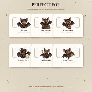 Op de afbeelding: Een grafische weergave met zes rechthoekige kaarten met illustraties van cartoonvleermuizen. De tekst bevat de koppen: PERFECT FOR, Stickers, Junk Journals, Scrapbooking, Planner Decor, Sublimation en Party Crafts, met bijbehorende tekst.