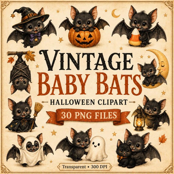 Baby Bat PNG Bundle, 30 Vintage Halloween Bat Clipart, Cute Spooky Illustrations