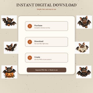 Op de afbeelding: Een directe digitale downloadgids met zes illustraties van cartoonvleermuizen in verschillende Halloween-kostuums en poses. De afbeelding bevat genummerde stappen voor aankoop, download en creatie, met tekst die verwijst naar afzonderlijke PNG-bestanden.