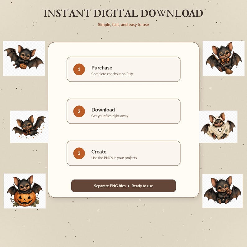 Op de afbeelding: Een directe digitale downloadgids met zes illustraties van cartoonvleermuizen in verschillende Halloween-kostuums en poses. De afbeelding bevat genummerde stappen voor aankoop, download en creatie, met tekst die verwijst naar afzonderlijke PNG-bestanden.