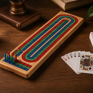 May include: A rectangular wooden cribbage board featuring three parallel tracks in red, blue, and green. The board includes matching coloured plastic pegs inserted at the start, alongside a deck of playing cards and a hand of five cards.