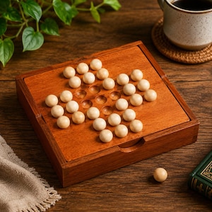 Peut inclure: Un jeu de solitaire en bois de forme carrée avec une finition lisse et polie. Le plateau présente une grille d'encoches circulaires, dont beaucoup sont occupées par des billes en bois sphériques de couleur claire. Une bille repose à côté.