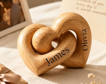 Gepersonaliseerde houten hartsculptuur, cadeau met de namen van het stel, romantisch jubileumcadeau, oneindigheidshart als aandenken, minimalistische liefdesdecoratie
