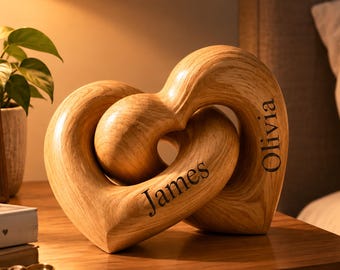 Personalized Interlocking Wooden Hearts, Engraved Couple Names, Romantic Anniversary Gift