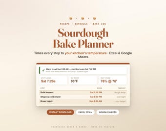 Sourdough Baking Spreadsheet, Temperature Proofing Schedule & Baker's Percentage Calculator, Excel Google Sheets Template