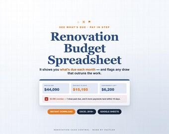 Renovation Budget Spreadsheet, Contractor Payment Tracker, Home Remodel Planner for Excel and Google Sheets