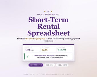 Short Term Rental Spreadsheet, Airbnb Profit & Pricing Calculator, Break-Even Tracker, Excel Google Sheets