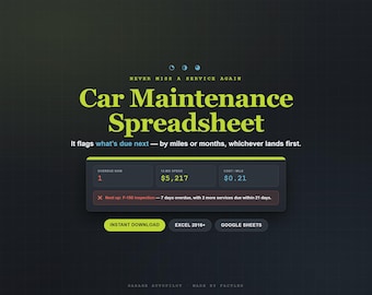 Car Maintenance Spreadsheet, Vehicle Service Log, Multi Car Due Date Tracker, Excel Google Sheets