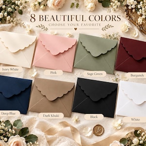 Puede incluir: Ocho sobres con solapas festoneadas dispuestos en dos filas. Los colores son blanco marfil, rosa, verde salvia, burdeos, azul profundo, caqui oscuro, negro y blanco. El texto 8 BEAUTIFUL COLORS CHOOSE YOUR FAVORITE está centrado arriba.