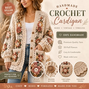Puede incluir: Un cárdigan de ganchillo beige con motivos de flores en relieve 3D en tonos rosa, amarillo y verde. La prenda incluye botones de madera, dos bolsillos delanteros funcionales y bordes festoneados. El texto dice: HANDMADE CROCHET Cardigan.
