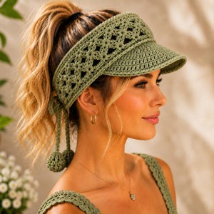 May include: An olive green crochet visor featuring an intricate floral pattern across the headband and a solid stitched brim. The accessory includes two dangling crochet pom-poms attached to thin ties at the back for an adjustable fit.