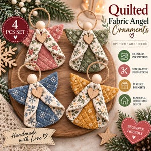 Könnte beinhalten: Ein Set aus vier gesteppten Stoffengel-Ornamenten mit Holzköpfen und herzförmigen Akzenten. Die Engel sind in rosa, grünen, blauen und senfgelben Blumen- und Schneeflockenmustern gestaltet. Der Text umfasst Quilted Fabric Angel Ornaments, 4 PCS SET, Handmade with Love und Beginner Friendly.