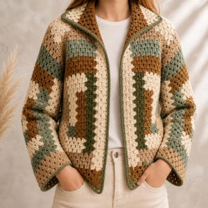 May include: A long-sleeve crochet cardigan featuring a geometric granny square pattern in shades of cream, sage green, and brown. The open-front jacket has a wide collar, straight sleeves, and a textured knit construction made from yarn.