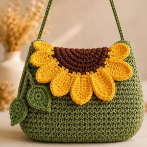 May include: A green crochet handbag featuring a large sunflower design on the front flap. The sunflower has a dark brown center with bright yellow petals. Two small green crochet leaves are attached to the side of the bag, which has a long strap.