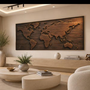 May include: A large rectangular wall art piece featuring a three-dimensional world map crafted from dark brown wood. The continents are mounted onto a horizontal plank background, creating a layered relief effect with natural wood grain textures.
