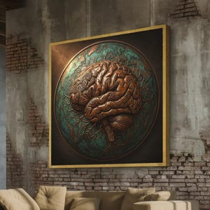 May include: A square wall art piece featuring a circular relief sculpture of a human brain in a metallic copper tone. The brain is set against a textured, oxidised teal and dark brown background that resembles a globe with branching root-like patterns.