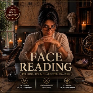 May include: A person with dark hair and glasses sits at a desk with an open book. Text reads: SAME HOUR DELIVERY, FACE READING, PERSONALITY & CHARACTER ANALYSIS, DETAILED FACIAL ANALYSIS, PERSONALIZED INSIGHTS, CLARITY ABOUT YOURSELF. Candles and books surround.