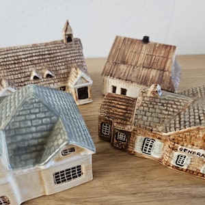 Vintage Keller Charles Ceramic Miniature Village Houses, Set of 4 - Historical American Town Decor, General Store, Country Village Display