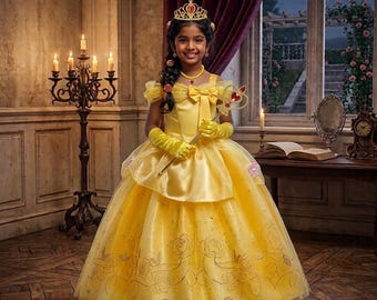 Belle-Inspired Princess Dress, Elegant Yellow Flower Girl Costume, Party Outfit