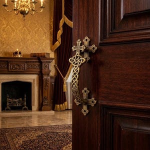 May include: A dark brown wooden door featuring an ornate brass door handle with a central Celtic knot design and cross-shaped mounting plates at the top and bottom. The handle has a metallic finish and intricate, interlaced metalwork patterns.