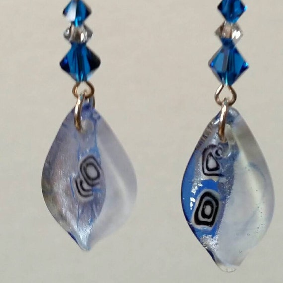 Blue/silver glass drop earrings with blue and silver Swarovski crystals.