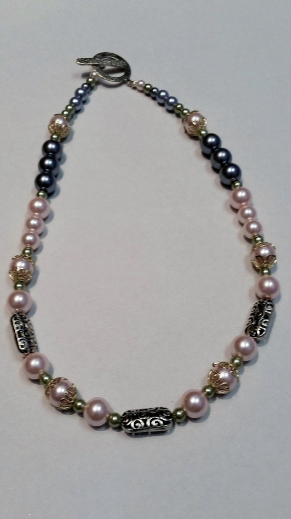 Glass Pearl and Metal Bead Necklace 20 inch