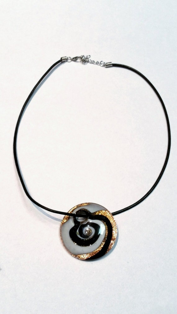 Metallic Glass Pendant on Leather Adjustable Cord, 18-20 inches