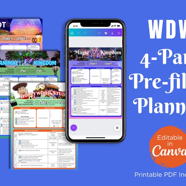 WDW Pre-filled 4-Park Daily Digital Park Planner, Editable in Canva, Theme Park Itinerary, Instant Download Printable PDF