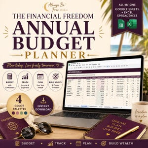 May include: A digital financial planner displayed on a laptop screen, featuring a recurring bills spreadsheet. The scene includes a passport, sunglasses, a spiral-bound notebook with the text Dream Plan Budget Live Free, and a mug with the text freedom is a plan.
