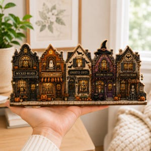 May include: A decorative tabletop display featuring five miniature storefronts labeled Wicked Reads, Spooky Sweets, Ghostly Gifts, Potions & Curses, and Haunted Home. The structures are illuminated with warm lights and decorated with pumpkins, ghosts, and bats.
