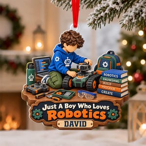 Personalized Robotics Boy Christmas Ornament, Custom STEM Coding Programmer Keepsake, Tech Kid Gift C2LV03-02