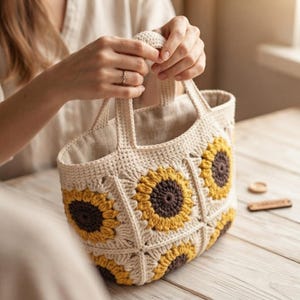 CROCHET PATTERN Sunflower Granny Square Bag Pattern, Crochet Sunflower Tote Pattern PDF, Beginner Floral Market Bag, Boho Shoulder Bag.