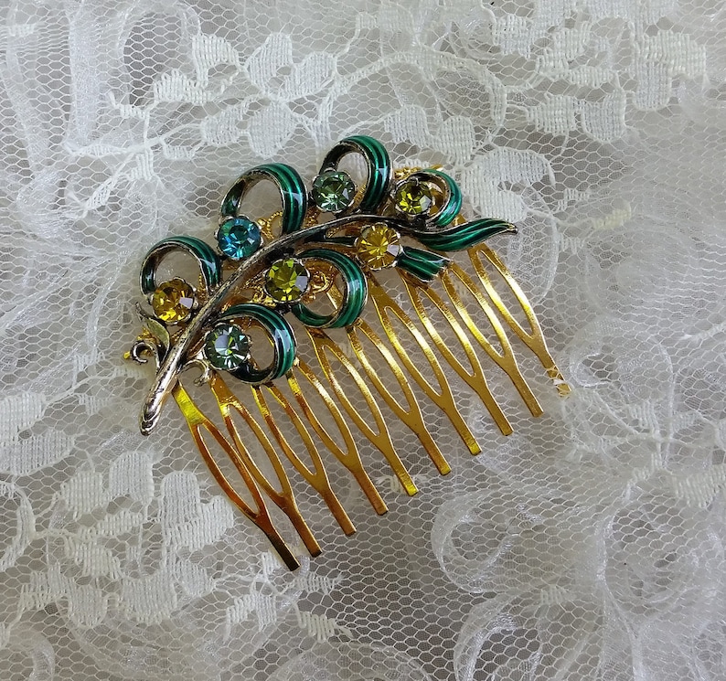 VINTAGE BRIDAL Hair Comb Turquoise Teal Olive Yellow Gold Enamel Fern Frond Leaf Feather Bridesmaids Woodland Wedding OOAK Hair Accessories