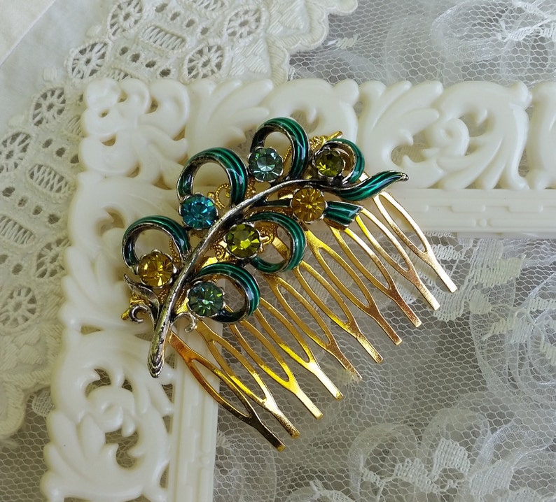 VINTAGE BRIDAL Hair Comb Turquoise Teal Olive Yellow Gold Enamel Fern Frond Leaf Feather Bridesmaids Woodland Wedding OOAK Hair Accessories