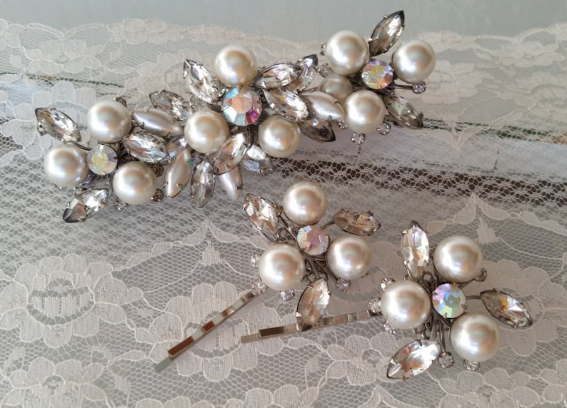 ANTIQUE BRIDAL Hair Clip Assemblage Hair 4.5 Bride Classic Pearls Old Hollywood Glam Rhinestones Fascinator One of a Kind Bride Wedding