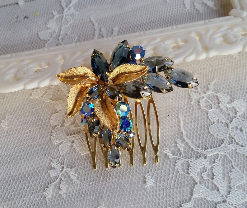 VINTAGE RHINESTONE Bridal Hair Comb Gold Navy Montana AB Sapphire Blue Hair Accessories Mother Wedding One of a Kind Couture Navettes