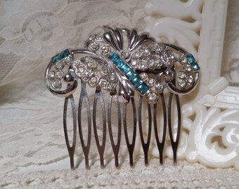 2 Accessories Hair Accessories Decorative Combs Two Sapphire or Turquoise blue Crystal Cabochon Victorian Filigree Vintage Hair Combs 