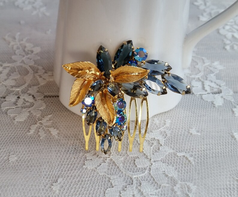 VINTAGE RHINESTONE Bridal Hair Comb Gold Navy Montana AB Sapphire Blue Hair Accessories Mother Wedding One of a Kind Couture Navettes